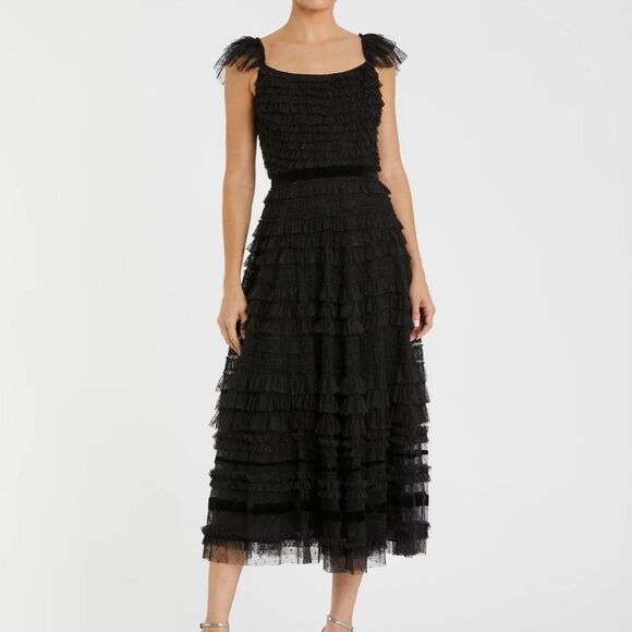Mac‎ Duggal 8054 Size 12 Black Ruffle Cap Sleeve Tiered Ruffled Midi Dress - Picture 2 of 13